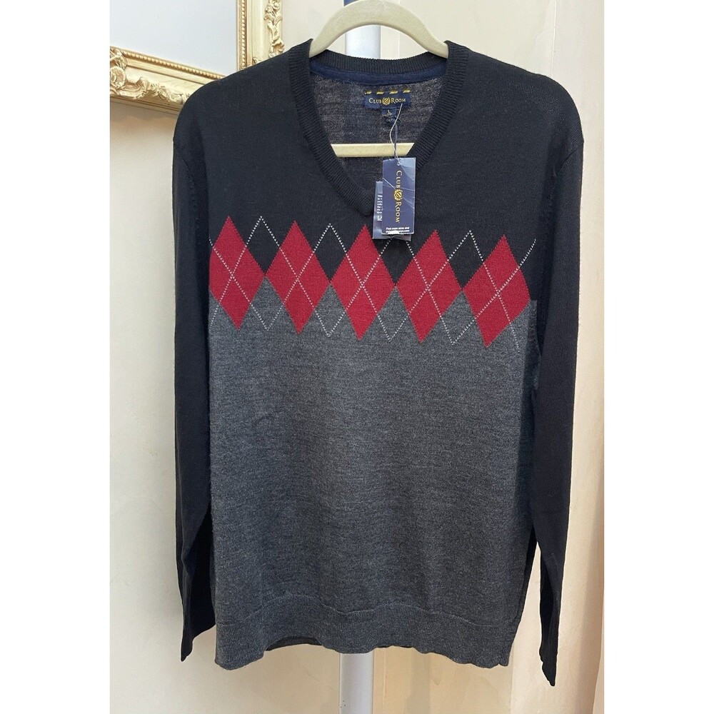 NWT Club Room Men's Merino Wool Blend Argyle V-Neck Sweater Black Grey Red Large